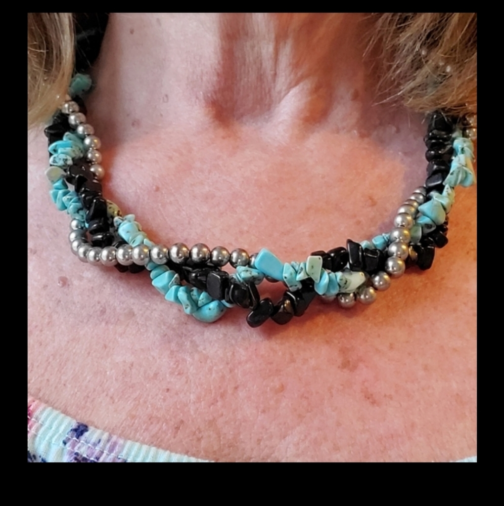 Turquoise,  Silver & Onyx 3 Strand Necklace